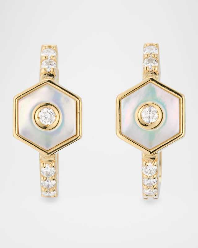 Baia Sommersa Huggie Earrings in 18K Yellow Gold with White Diamonds and Mother Of Pearl